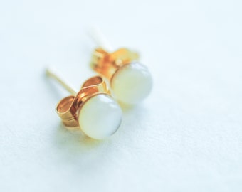 Gold Mother of Pearl Stud Earrings • Everyday Pearl Jewelry • 14K Gold Filled • Hypoallergenic Waterproof • Minimalist Stacking Earrings