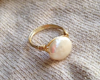 Pearl Ring Freshwater Coin // Bridesmaid Jewelry //Statement Promise Ring // Gifts for her// June Birthstone Jewelry