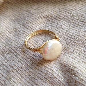 Pearl Ring Freshwater Coin // Bridesmaid Jewelry //Statement Promise Ring // Gifts for her// June Birthstone Jewelry image 1