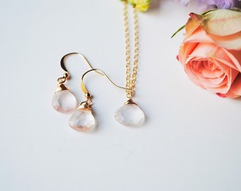 Genuine Rose Quartz Jewelry Set • Pink Gemstone Necklace And Earrings • Romantic Jewelry • Hypoallergenic Jewelry Set