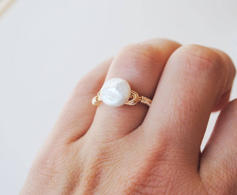 Pearl Ring Freshwater Coin // Bridesmaid Jewelry //Statement Promise Ring // Gifts for her// June Birthstone Jewelry image 2