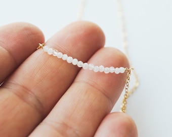 Beaded Moonstone Bar Necklace • Gem Bar Necklace • Crystal Necklace • Rainbow Moonstone Necklace • June Birthstone Gift