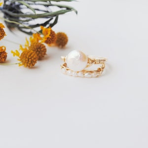 Pearl band ring/ gold fill sterling silver band stacking ring / faux wedding band / gifts for bridesmaids/dainty pearl ring/ bridal jewelry image 6