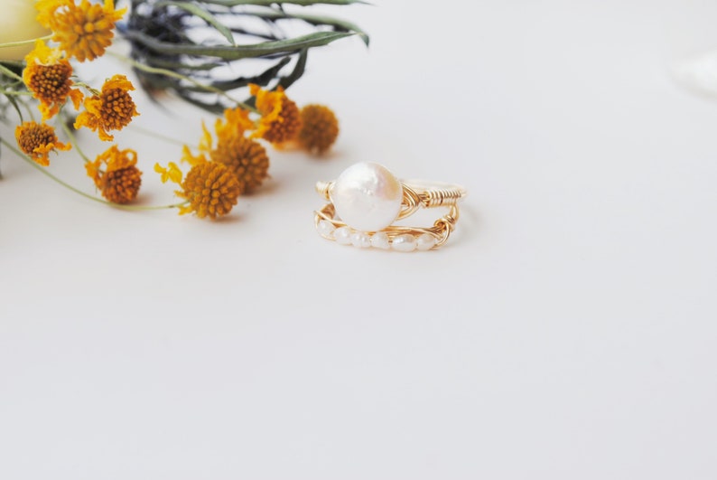 Pearl band ring/ gold fill sterling silver band stacking ring / faux wedding band / gifts for bridesmaids/dainty pearl ring/ bridal jewelry image 6