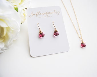 Ruby lite earrings/dangle drop teardrop classic simple earrings for her/anniversary july birthstone gifts for her/hot pink magenta Quartz