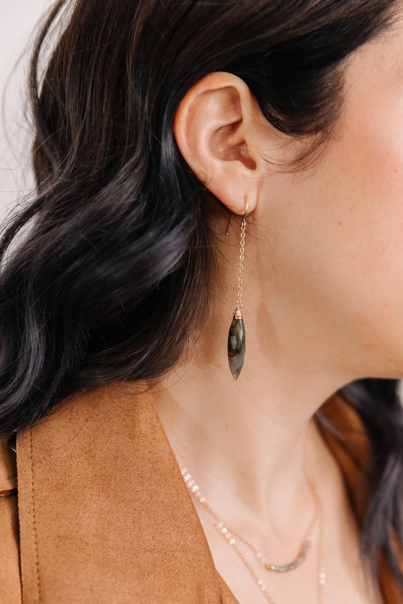 Labradorite threader drop earrings/ minimalist dainty crystal earrings/ gifts for her girlfriend jewelry gift image 3