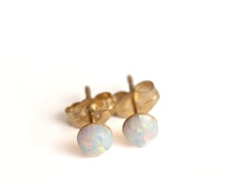 Gold White Opal Stud Earrings • Opal Jewelry • 14K Gold Filled • Hypoallergenic • Celestial Jewelry • Bridesmaids Earrings