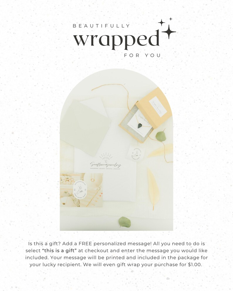 May include: A beautifully wrapped gift presentation with a necklace in a small box, stationery, and decorative elements. The text "BEAUTIFULLY wrapped FOR YOU" is displayed at the top. The image includes the text "Is this a gift? Add a FREE personalized message!"
