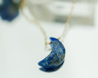 Lapis Lazuli Moon Necklace /Custom length gold filled Sterling 925 silver Genuine healing crystal wisdom amulet celestial necklace choker