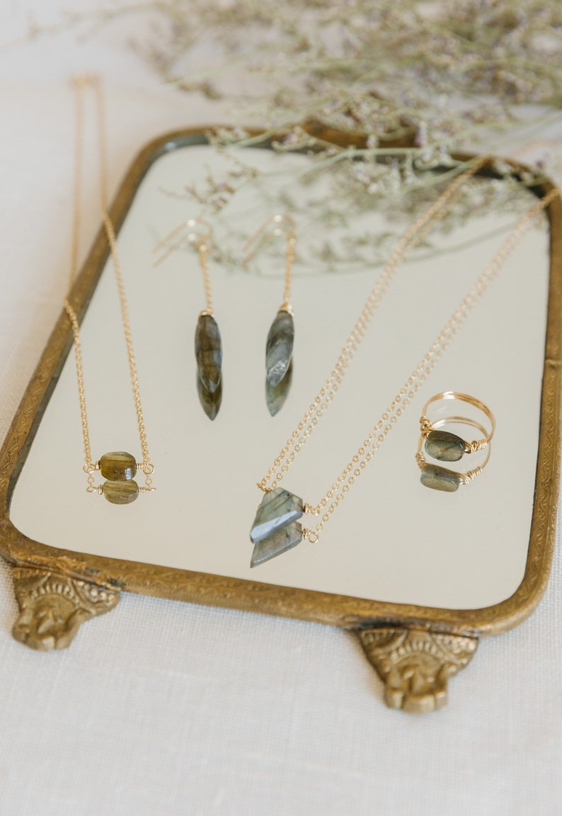 Labradorite threader drop earrings/ minimalist dainty crystal earrings/ gifts for her girlfriend jewelry gift image 8