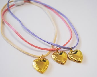 Girls Heart Locket necklace/kids children pop clasp working locket necklace pink purple white silver gold/Back to school/ Easter gift