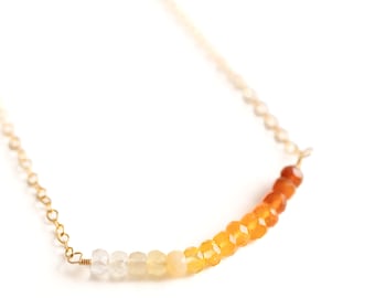 Mexican Fire Opal Necklace • 14k Gold Fill • Sterling Silver • Dainty Crystal Chain • Layering October Birthstone • Ombre Gemstone Beaded