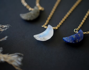 Crystal Black Moon Necklace • Moonstone Gothic • Lapis Lazuli Jewelry • Crescent Moon Necklace • Gemstone Necklace
