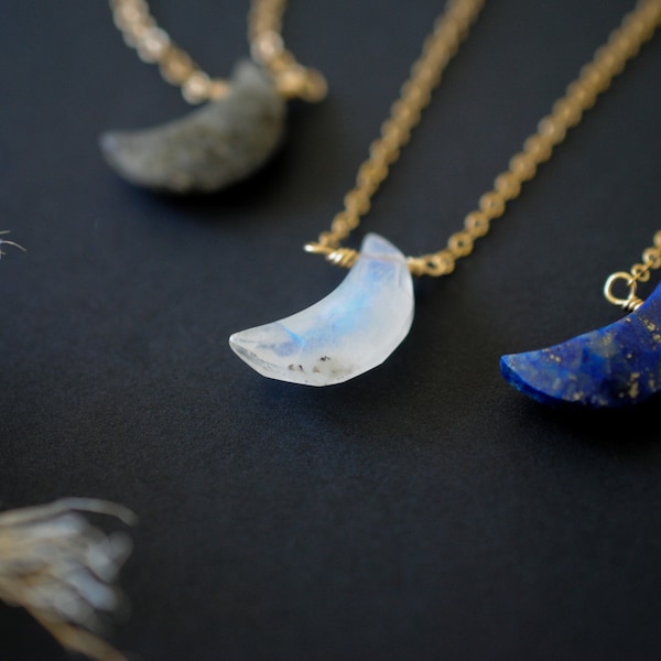 Custom Crystal Moon Necklace | Moonstone, Black Sunstone, Lapis Lazuli Crescent Moon Necklace | Sterling Silver or Gold Fill