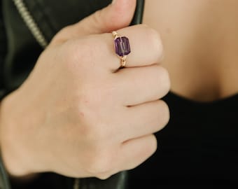 Amethyst Ring, Wire Wrapped Ring, Rectangle Ring, Stacking Ring, Gemstone Ring, Sterling Silver, 14k Gold Filled, Custom Sized Ring