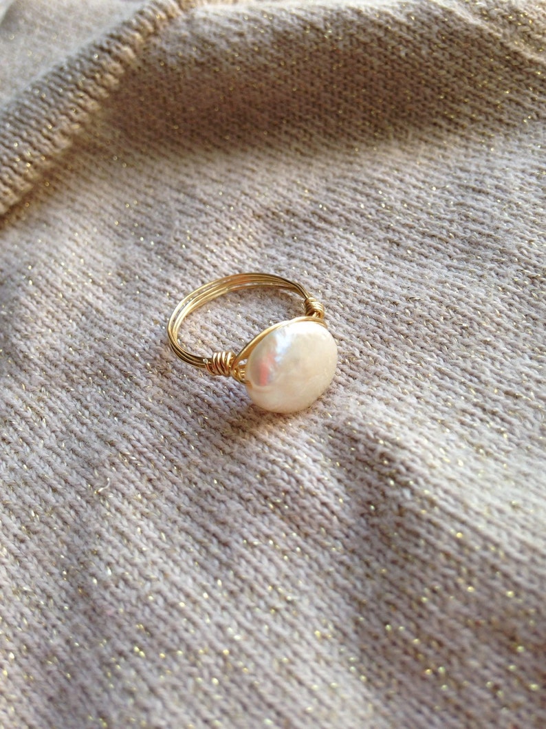 Pearl Ring Freshwater Coin // Bridesmaid Jewelry //Statement Promise Ring // Gifts for her// June Birthstone Jewelry image 1