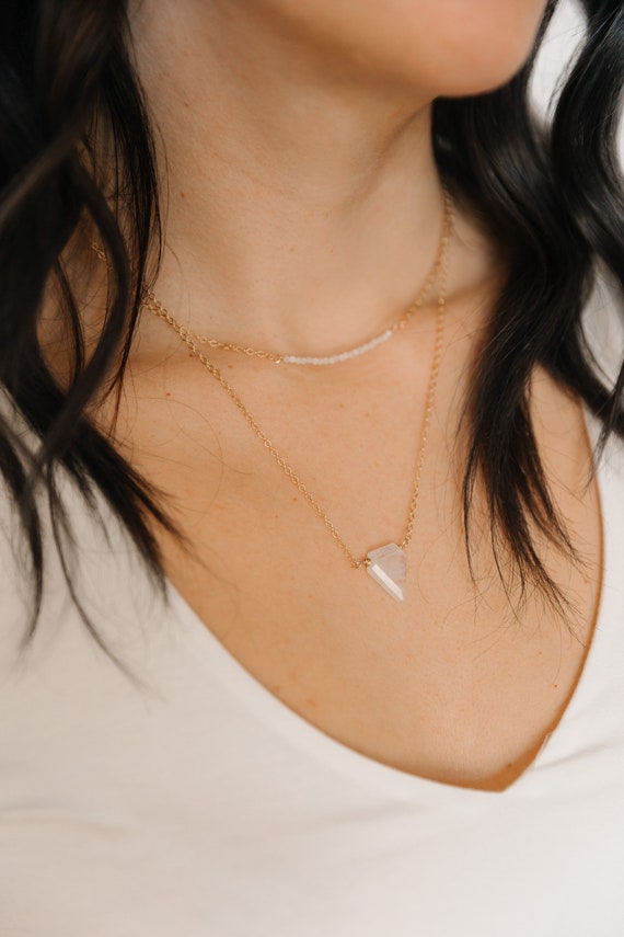 Rainbow Moonstone Bead Bar Necklace Sterling Silver Rainbow Moonstone Bead Bar Necklace Sterling Silver