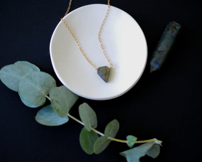 May include: A gold chain necklace with a labradorite pendant rests on a white, circular dish. A labradorite crystal is next to the dish. Eucalyptus leaves are in the foreground against a black background.