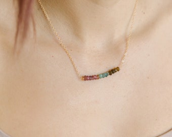 Rainbow Tourmaline Necklace, Gemstone Bar Necklace, Tourmaline Jewelry Set, Dainty Necklace, 14K Gold Fill Jewelry