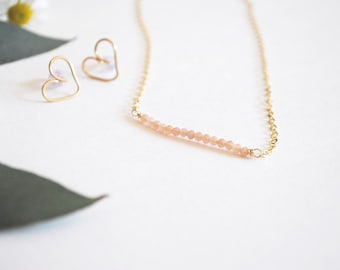 Peach Moonstone Bar Necklace, 14k gold fill or sterling silver gemstone layering necklaces, moonstone necklace