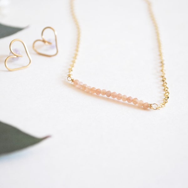 Peach Moonstone Bar Necklace, 14k gold fill or sterling silver gemstone layering necklaces, moonstone necklace