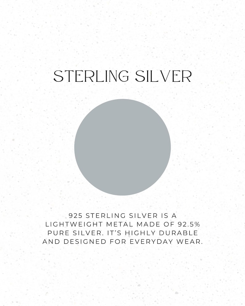 Puede incluir: La imagen muestra el texto "STERLING SILVER" sobre un c&iacute;rculo gris. Debajo, el texto dice: "925 STERLING SILVER IS A LIGHTWEIGHT METAL MADE OF 92.5% PURE SILVER. IT'S HIGHLY DURABLE AND DESIGNED FOR EVERYDAY WEAR."