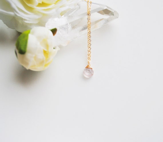 ローズクォーツネックレス - ティアドロップペンダントネックレス（14K 