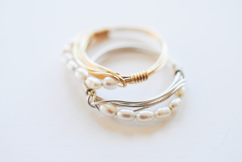 Pearl band ring/ gold fill sterling silver band stacking ring / faux wedding band / gifts for bridesmaids/dainty pearl ring/ bridal jewelry image 2