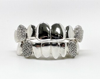 Custom Grillz, Moissanite Solid 925 Sterling Silver Iced Out Fangs Honey Comb