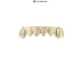 Set manuale personalizzato con diamanti bianchi naturali e blu Grillz in oro (montatura a zig-zag)