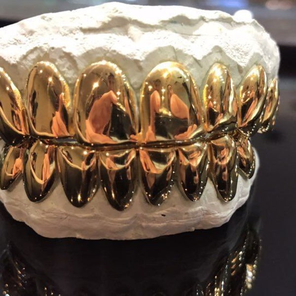 Custom grillz, SOLID 10K 14K REAL Yellow Gold Perm Cut Design Custom Fit Grillz