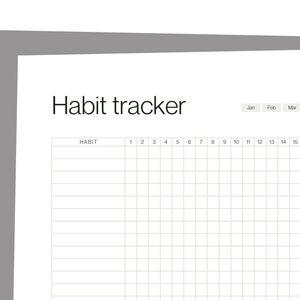以下が含まれることがあります： 「Habit tracker」というタイトルが上にある白黒の習慣トラッカー。トラッカーは、月の各日に対応する列と、各習慣に対応する行があります。月は「Jan」、「Feb」、「Mar」、「Apr」、「May」とラベル付けされています。