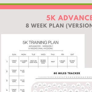 Może przedstawiać: Czarno-biały 8-tygodniowy plan treningowy 5 km dla zaawansowanych biegaczy. Plan obejmuje codzienne treningi dla każdego dnia tygodnia, w tym dni odpoczynku. Plan zawiera również śledzenie 80 mil.
