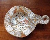 Original Satsuma Antique Nippon Moriage Japanese Porcelain Wedding Ceremony Tea Strainer and Cup Set 24k Gold Hand Painted