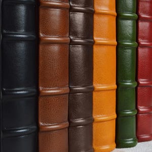 May include: A row of six vertical book spines featuring raised bands and a textured finish. The colors from left to right are black, light brown, dark brown, yellow-orange, forest green, and deep red, all standing upright in a side-by-side arrangement.