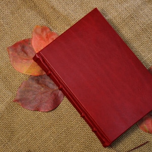 May include: A deep red leather-bound journal with a textured cover. The journal is lying on a burlap surface with several red and orange leaves scattered around it.