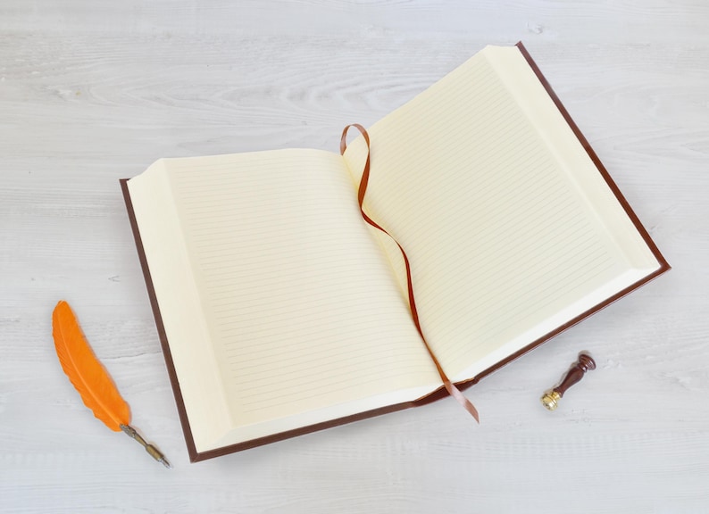May include: An open hardback journal with cream-coloured lined pages and a dark brown cover. A thin brown ribbon bookmark extends from the centre. Beside the journal lies an orange feather quill pen with a metal nib and a small wax seal stamp.