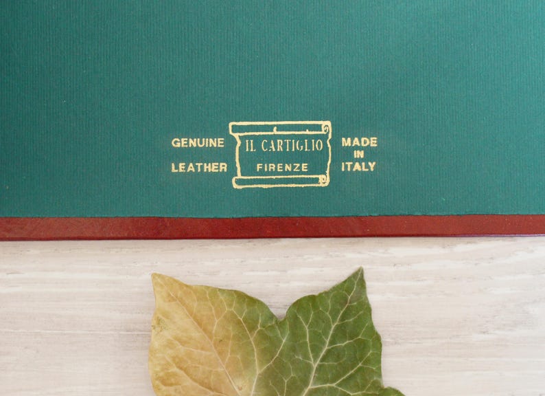 May include: A dark green leather surface featuring a gold-stamped emblem with a scroll design. The text reads: GENUINE LEATHER, IL CARTIGLIO, FIRENZE, MADE IN ITALY. A red border separates the green section from a light-colored surface below.