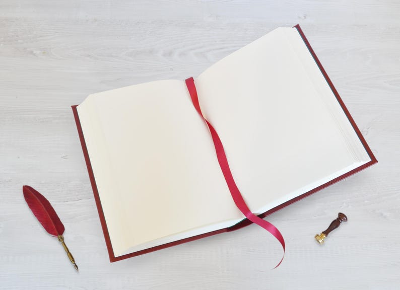May include: An open book with a deep red cover and blank cream-colored pages. A thin red ribbon bookmark extends from the center. Beside the book lies a red feather quill pen with a gold-toned metal nib and a small wax seal stamp with a wooden handle.