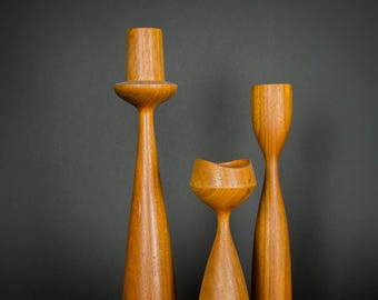 Vintage 1960's Mid Century Modern Teak Candleholders, Vintage 1970's Danish Modern Teak Candlesticks, Mid Century Modern Danish Teak Candle