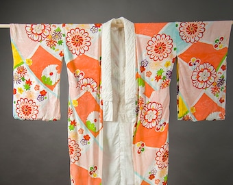 Vintage 80s KIMONO, Abstract Floral Kimono, Retro 80s Hand Made Kimono, Japanese Fashion, Asian Robe, Japanese Wallhanging, Boho Fashion