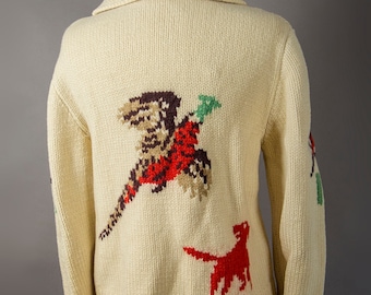 Mary Maxim Hunting Scene Sweater — 60s Hand-Knit Wool Jumper, Zip Front