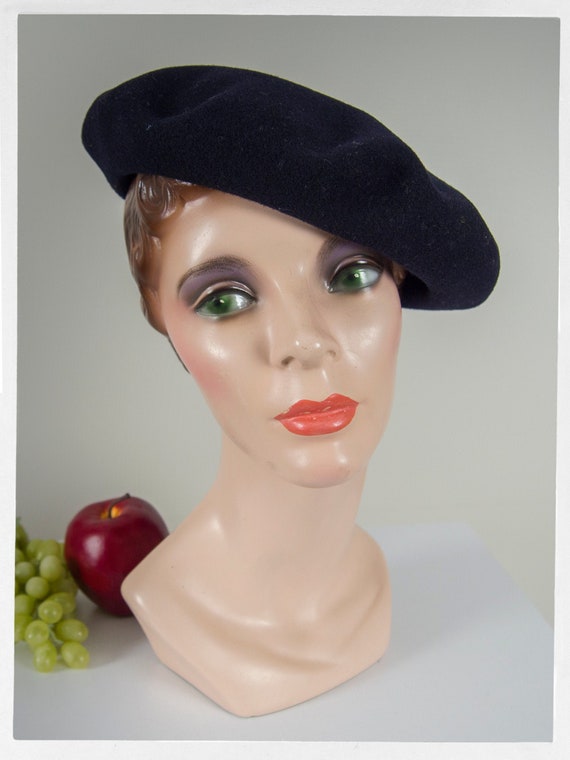 Vintage French Beret, Wool Basque Hat, Large Wool