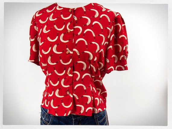 Vintage 90s Blouse, Retro Red Blouse, Red Geometri