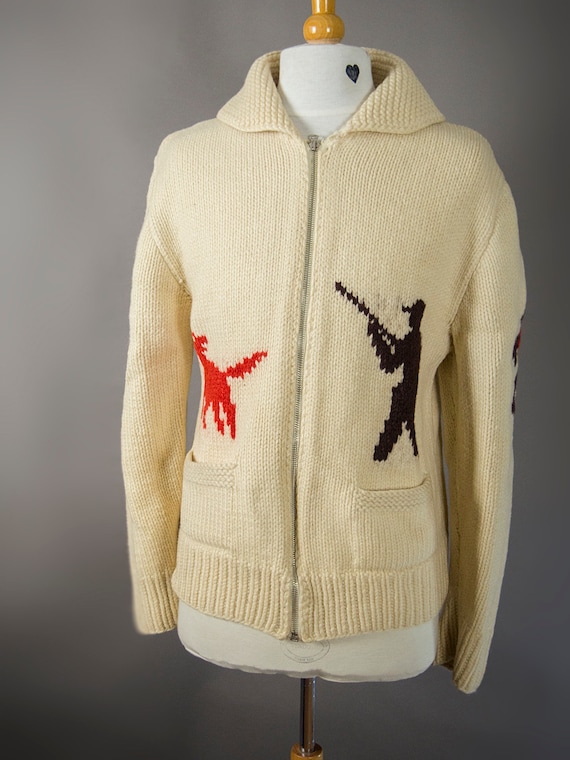 Mary Maxim Hunting Scene Sweater — 60s Hand-knit Wool Jumper, Zip