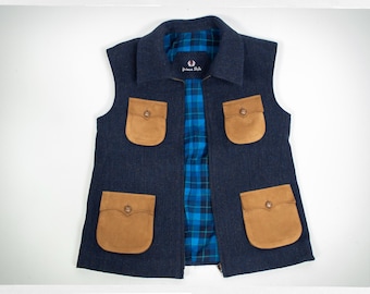 Blue Wool Hunting Vest, 90s Safari Style, Faux Suede Pockets, Flannel Lined, Large