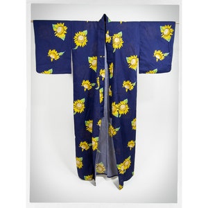 90s Cotton Yellow SUNFLOWER Kimono, Japanese Fashion, Japanese Wall Art, Japanese Robe, Boho Fashion, Vintage Fashion, Japanese Lingerie