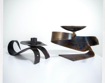 Vintage Iron Brutalist Candle Holders, Handcrafted Candle Holders, Pair of Candleholders, Wrought Iron Candleholders Pair, Hippie Decor