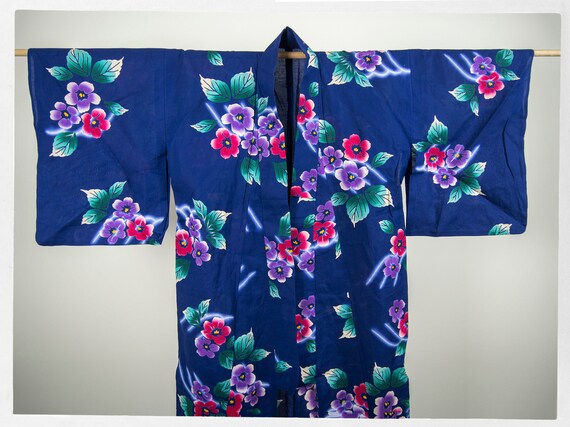 Vintage Cotton Kimono, 80s Bold Colourful Print, F