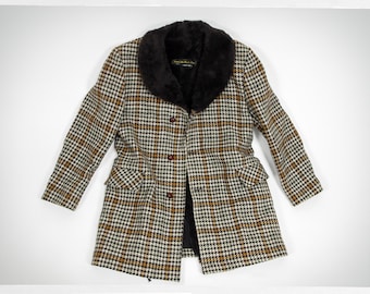 70s Herringbone Wool Car Coat, Faux Fur Lined, Brown, Sears, Made in Canada, Medium